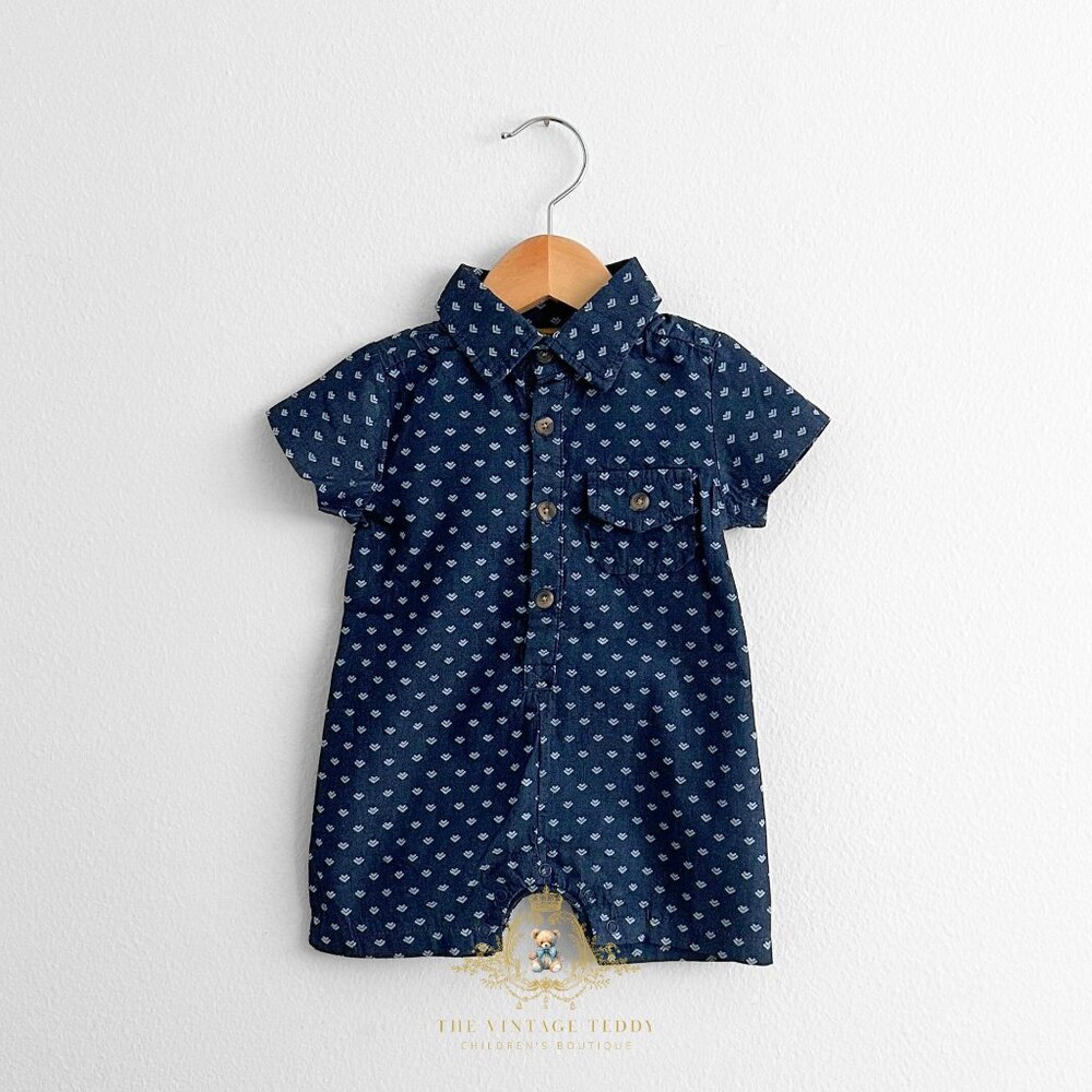 NWT Cute Boys Oxford Short Sleeve One-Piece Romper Shorts Navy Blue & White 12M